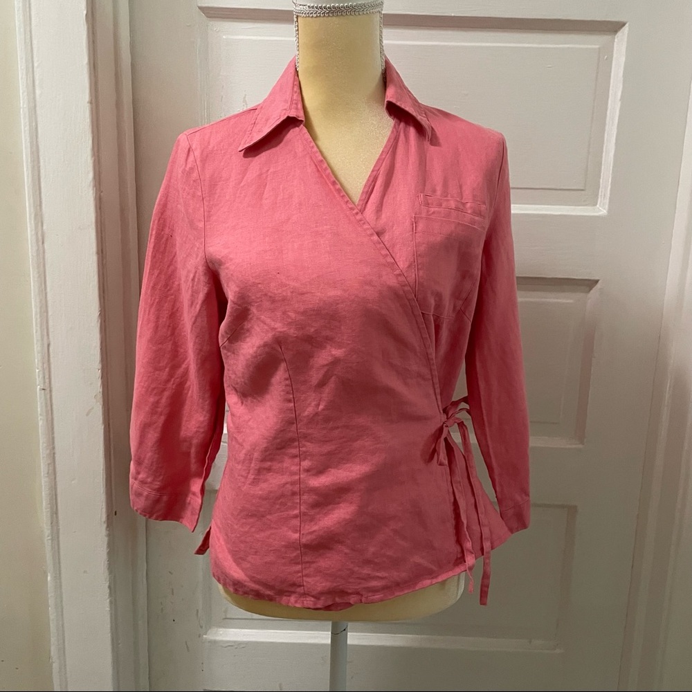 Edward Linen Wrap Top Sz Medium Pink Long Sleeve Linen Blouse